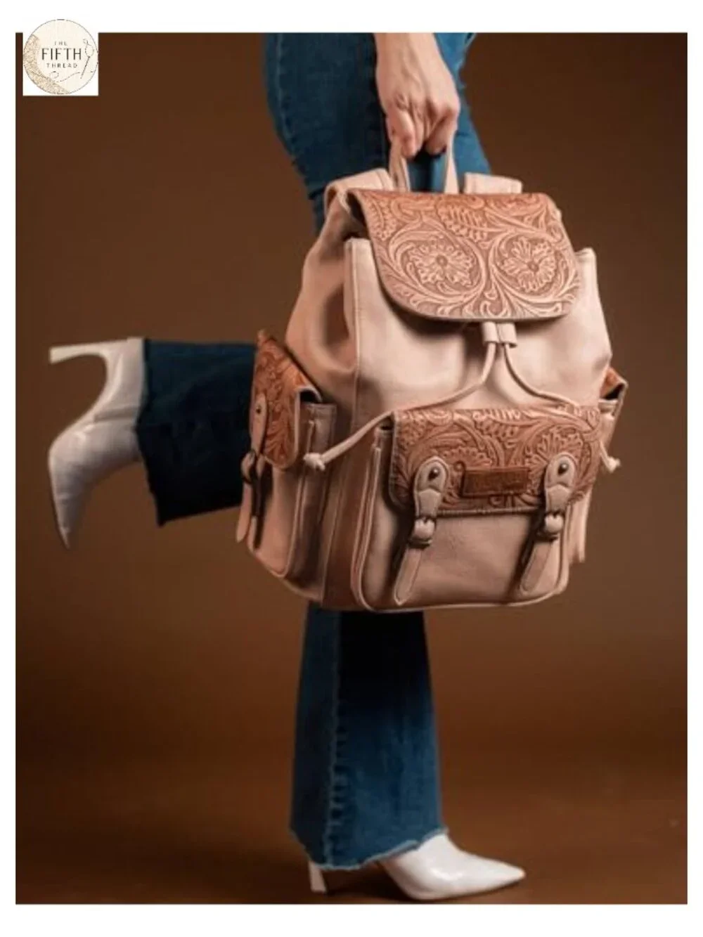 Western Tooled Leather Backpack Purse with Floral Design - Adjustable Straps